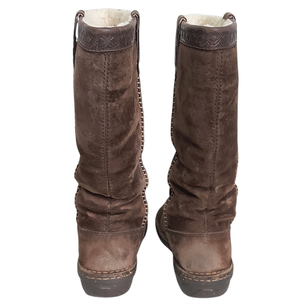 UGG Brown Leather Sheepskin Boots Women Size 7 Slouchy Pullon Cozy Winter Shoes - Picture 5 of 15